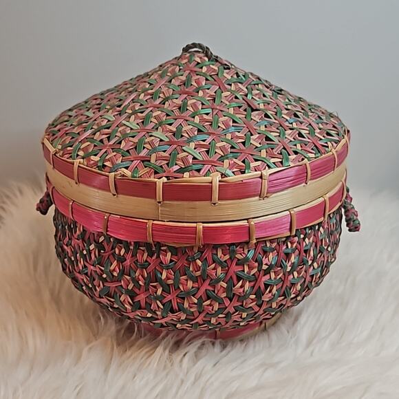 Woven Pink and Green Basket with Lid - Picture 1 of 6
